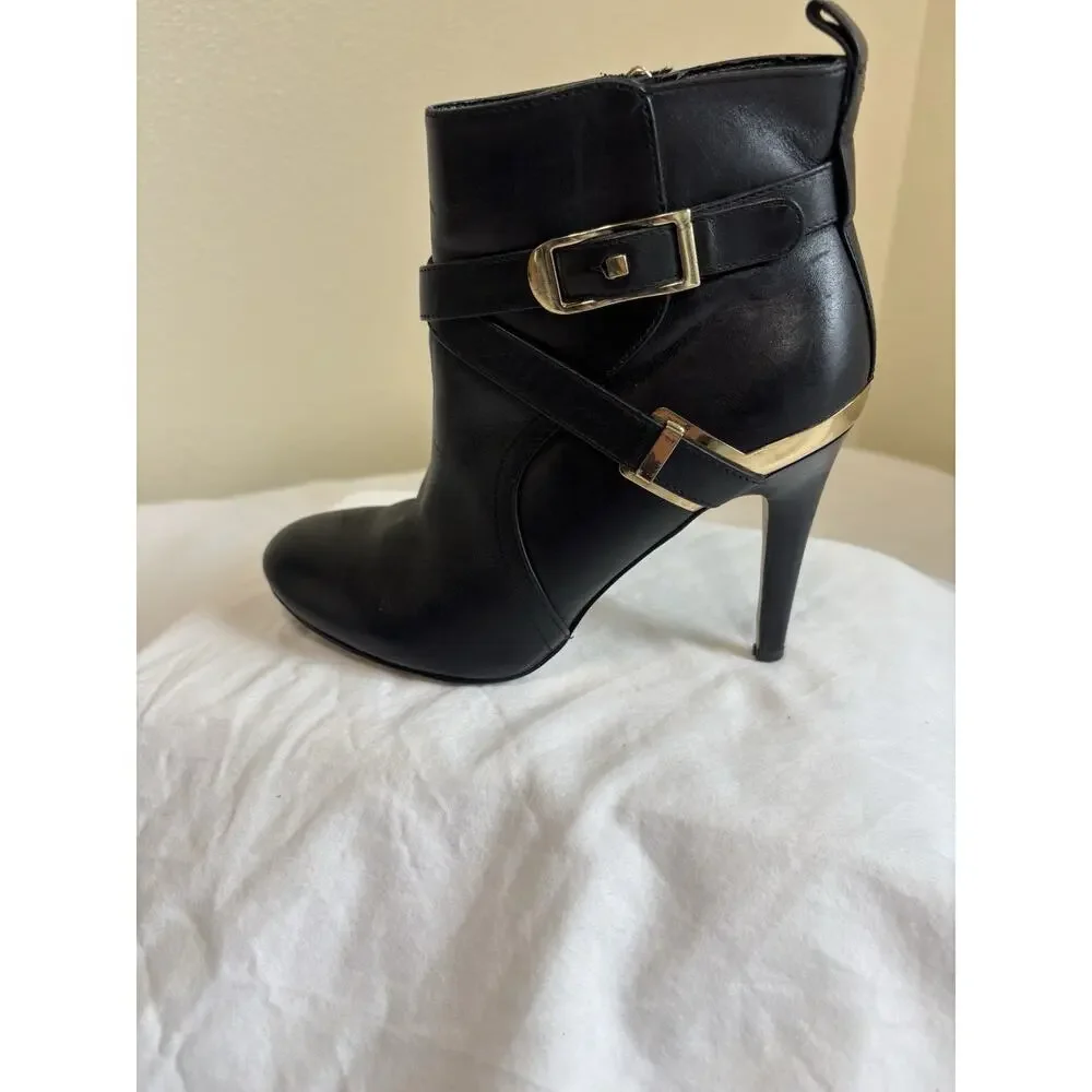 Marc Fisher Aprille Ankle Booties Black Leather & Gold Sz 5.5 Night Out Clubbing